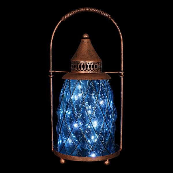 Glass Tear-Shaped Hanging Lantern Exhart Lavender Solar Lantern Teardrop Glass Ceiling Lantern Hangs in a Metal Cage w/ 12 Blue LED Firefly Solar Lights 7 L x 7 W x 24 H 