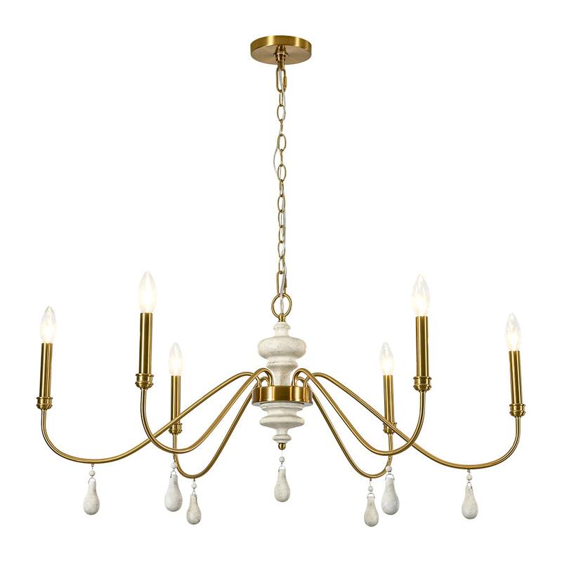 Mid-Century Aged Brass 6-Light Wide Candle Style Chandelier 38in