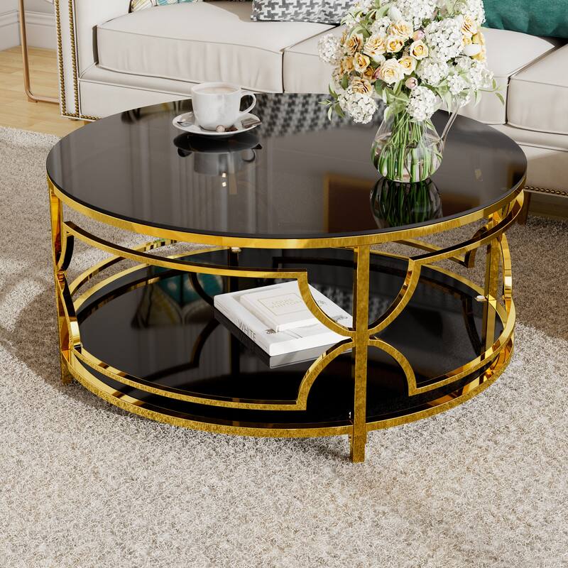 Glass Coffee Table Round Living Room Table, Luxurious Storage Table with Lower Shelf, 30.7" Center Table with Tempered Glass Top
