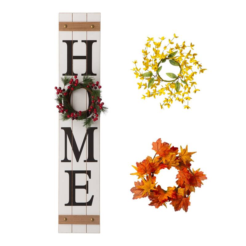 Glitzhome 42"H Porch Sign with 3 Interchangeable Floral Wreaths for Fall Thanksgiving - White