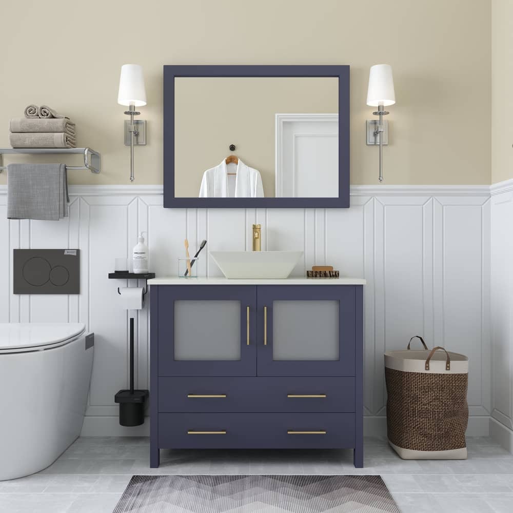 Vanity Art 36" Single Sink Bathroom Vanity Set with Engineered Marble Top Free Mirror - 36 x 18.5 x 36 Inches
