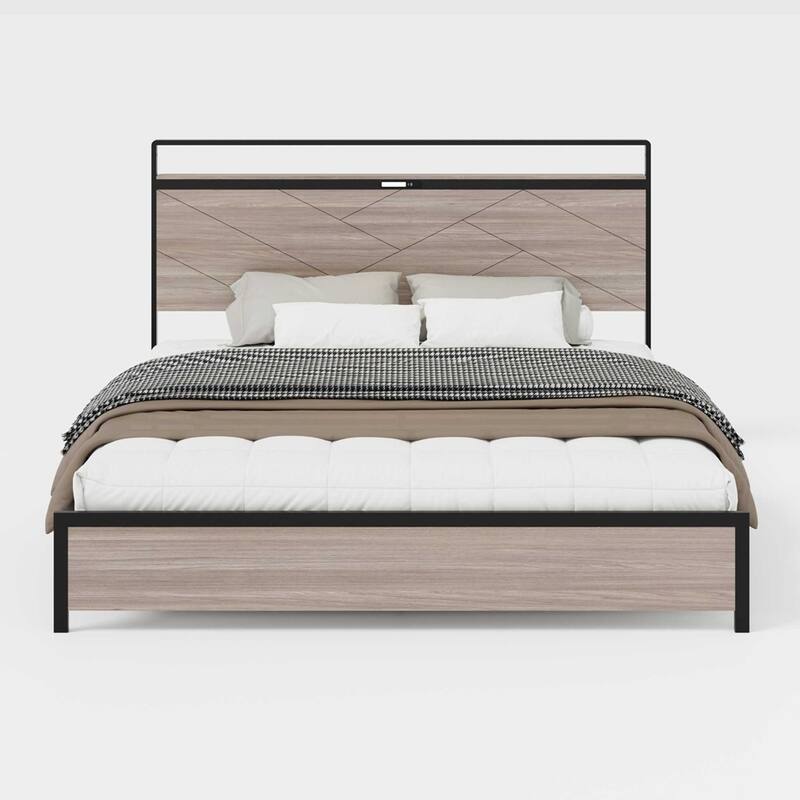 wooden platform bed frame with storage LED light headboard and 2 USB