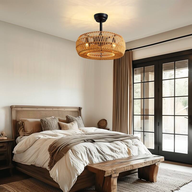 20" Boho Caged Ceiling Fan with Lights Remote Control Rattan Low Profile Ceiling Fan Farmhouse Ceiling Fansfor Kitchen Bedroom