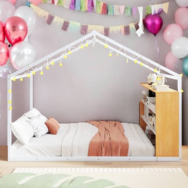 slide 2 of 14, Full Size House Bed with Roof,Warm LED Lighting and Handy Side Shelves for Kids White