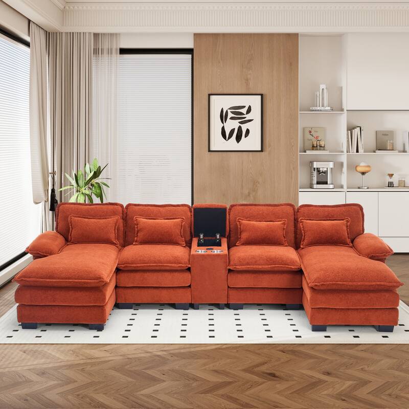 U-shaped Sectional Sofa Chenille Fabric Doudle Layer Cushion with USB Central Console