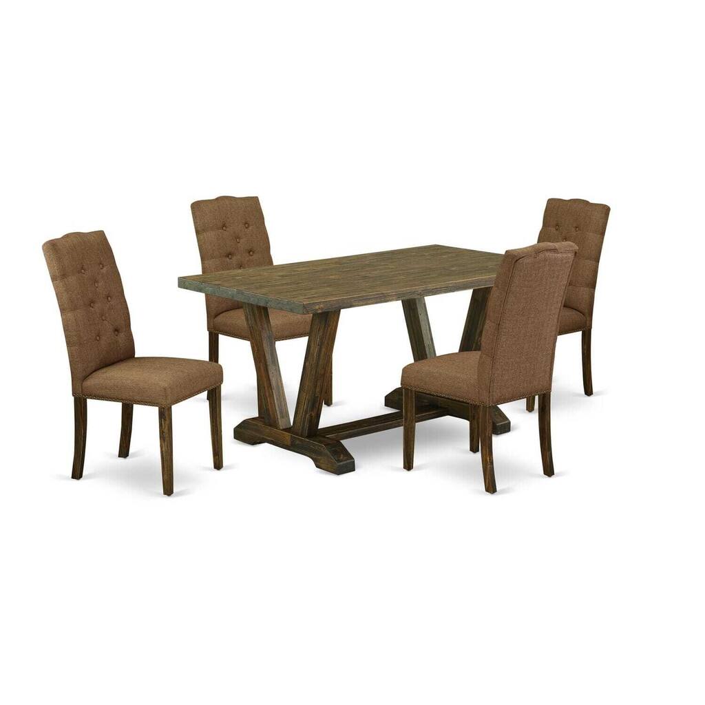 HomeStock 5-Piece Rectangle Distressed Jacobean Finish Solid Wood Top Dining Table with 4 Upholstered-Chairs with Lattice Back