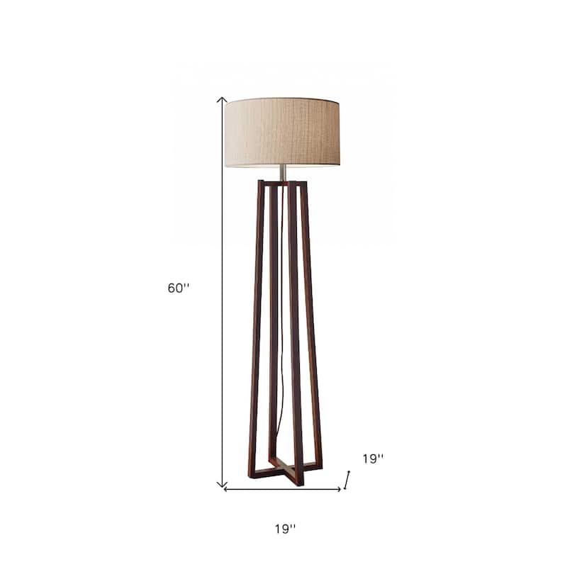Brown Solid Wood Floor Lamp with Beige Drum Shade and Rotary Switch - 19” x 19” x 60” (D x W x H)