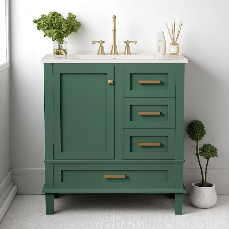 30" Modern Bathroom Vanity with Ceramic Sink, 3 Drawers, 1 Soft-Close Door, Solid Wood Frame - Green
