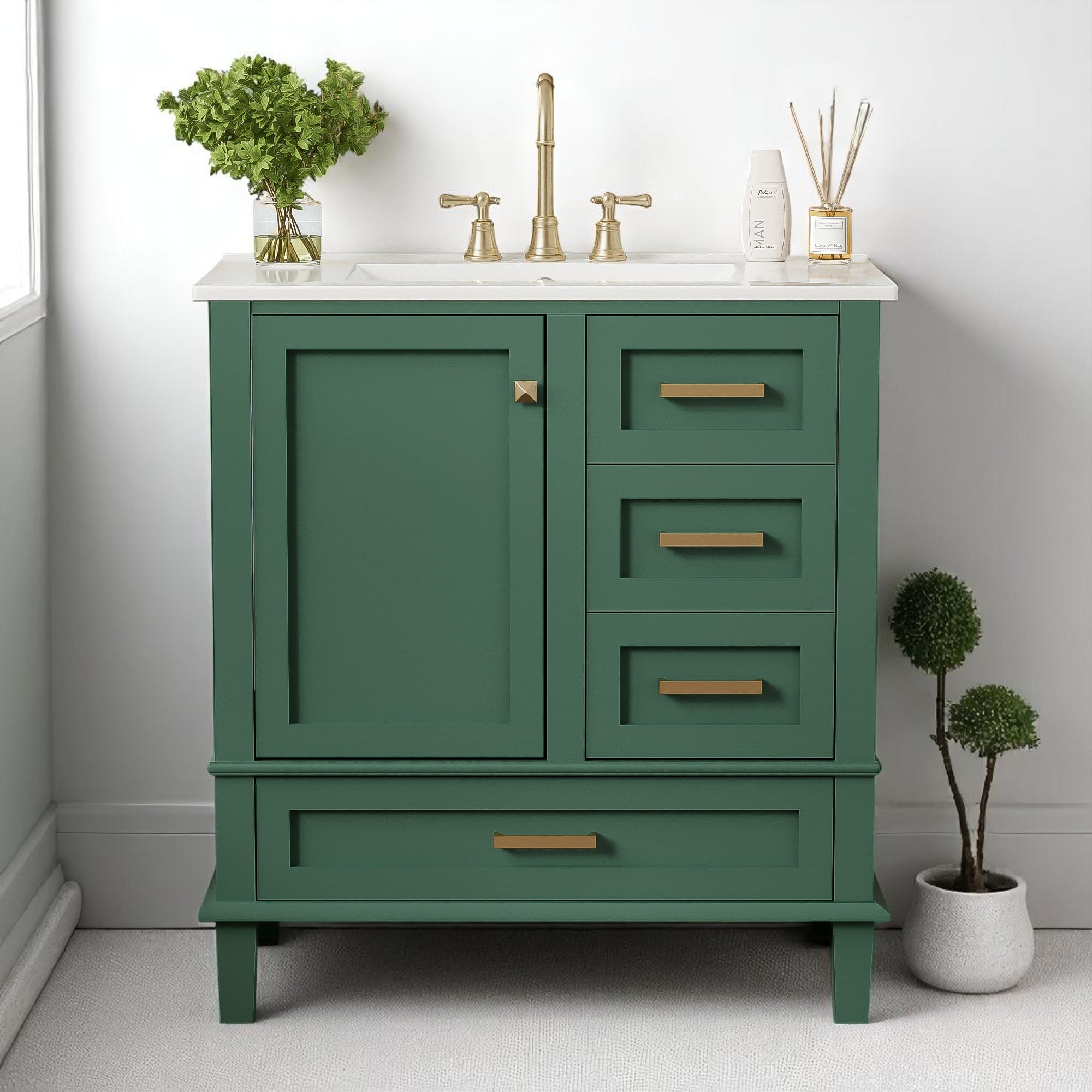 30" Modern Bathroom Vanity with Ceramic Sink, 3 Drawers, 1 Soft-Close Door, Solid Wood Frame