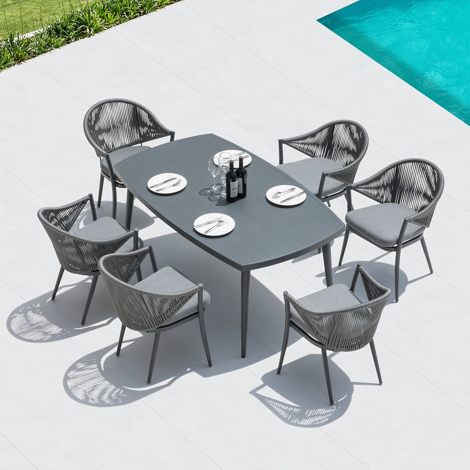 Nuu Garden Patio 7-Piece Dining Set with Cushions and Pillows, Umbrella Hole