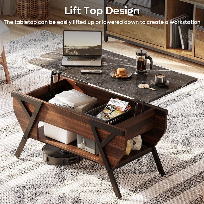 Lift-Top Coffee Table with LED Light and Storage Shelf