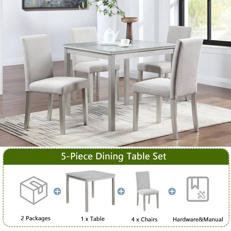 5-Piece, Modern Dining Table Set with Crystal Decorations and 4 Dining Chairs, for Kitchens and Dining Rooms, White