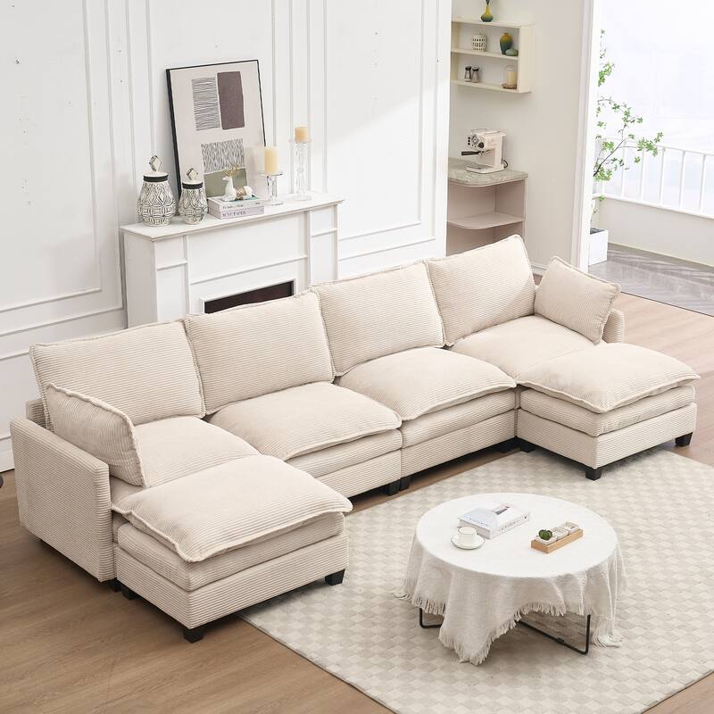Oversized Modular Deep Seat Couch with Chaise, U-shaped Sectional Sofa with 2 Ottomans, 2 Lumbar Pillows and Double Cushions - Beige