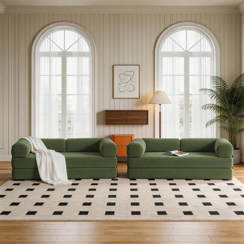 Set of 2 Corduroy Fully Compressed Convertible Sleeper Sofa with Metal Frame - 78.65"W x36.15"D x27.45"H - Green