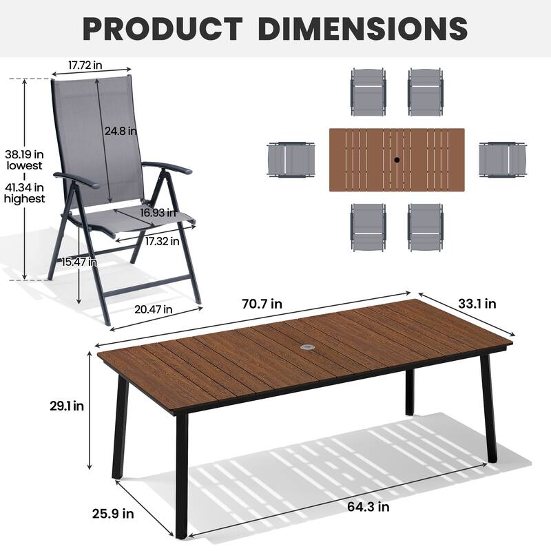 7-Piece Outdoor Dining Set Rectangle Patio Dining Table and Folding Adjustable Dining Chairs