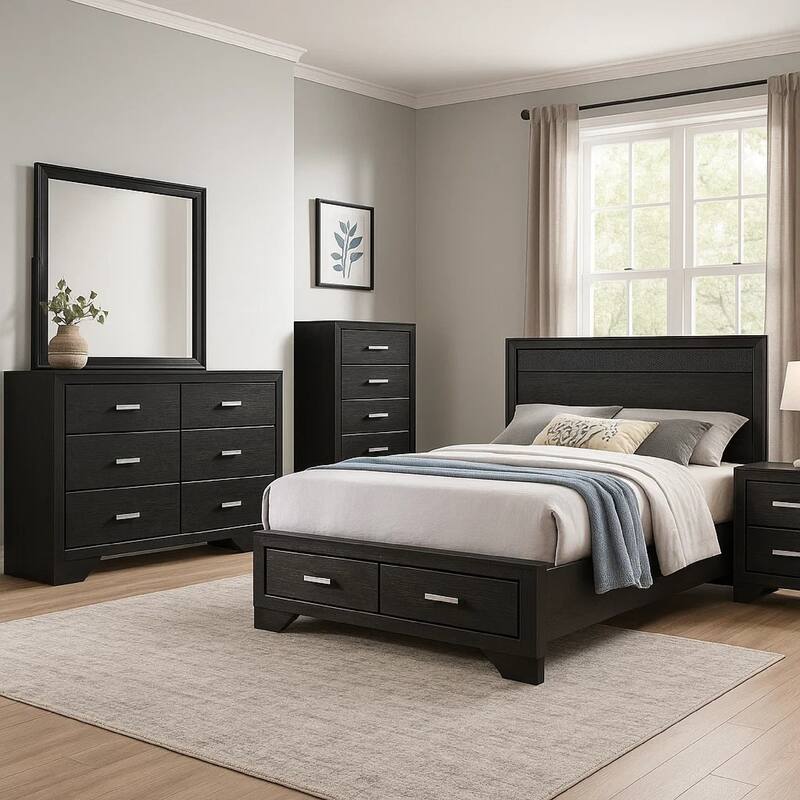 Vino Black 5 Piece Full Bed Set with Storage, Dressers, Glitter Accent