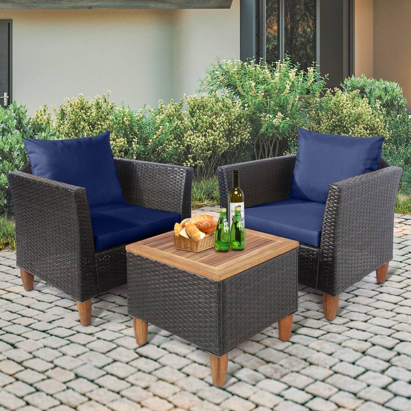 Costway 3PCS Patio Wicker Rattan Sofa Set Furniture Acacia Wood