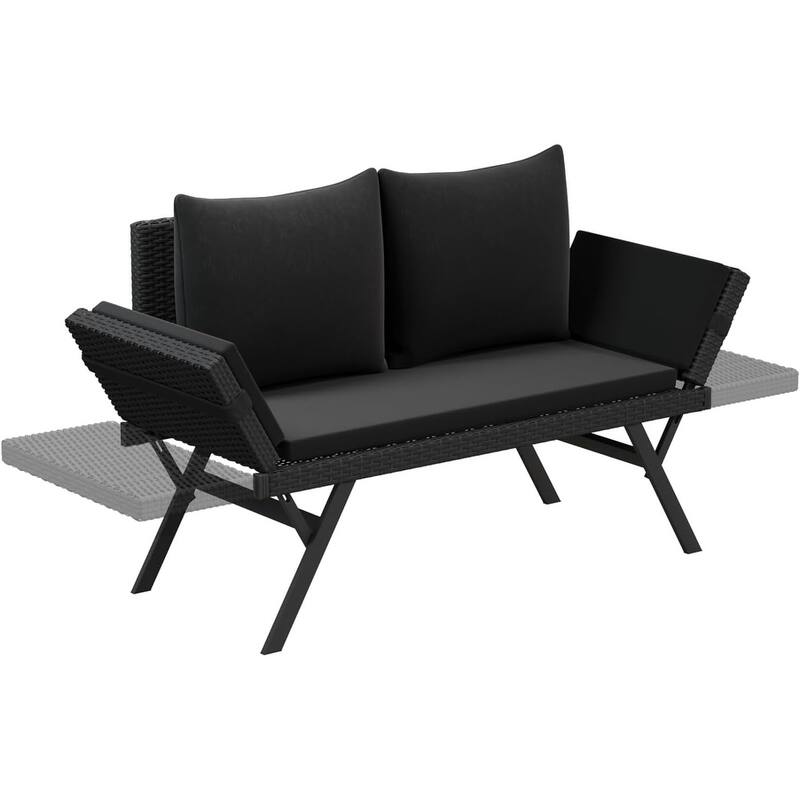 BOSSIN All-Weather Rattan Convertible Daybed - Outdoor Sofa w/ Adjustable Arms & Waterproof Cushions - Patio, Poolside, Porch - New Black