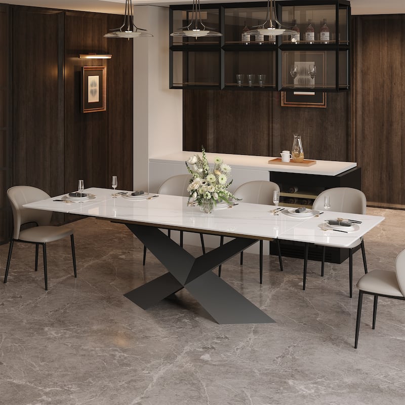 63-95"Extendable Modern Dining Table for 4-10, White Glossy Sintered Stone Tabletop, black X-Shaped Steel Legs - 94.5