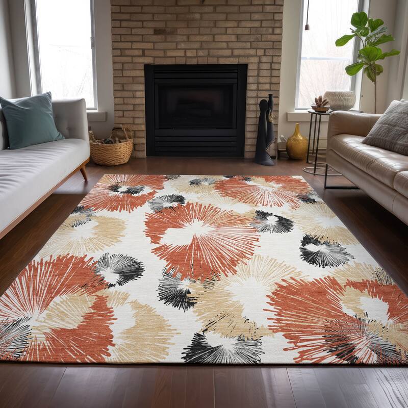 Machine Washable Indoor/Outdoor Modern Floral Chantille Rug