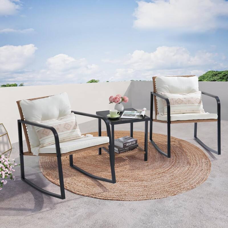 3 Pieces Rocking Wicker Bistro Set, Patio Outdoor Furniture Conversation Sets with Porch Chairs and Glass Coffee Table