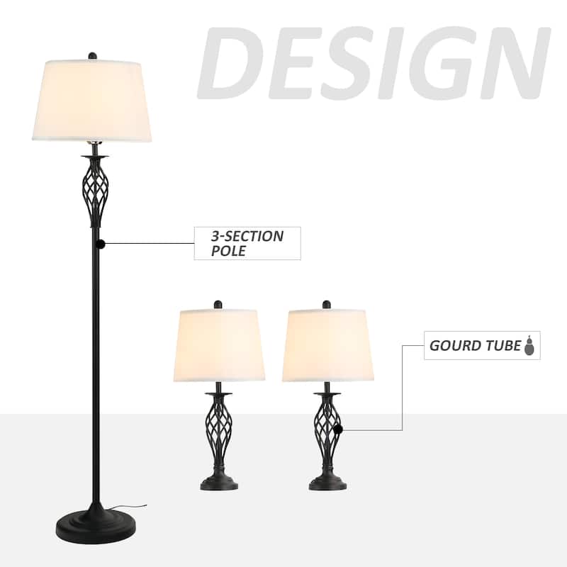 3 Piece Table Floor Lamp Set with Metal Pole, Round Base, and Fabric Lampshade, for Living Room - White
