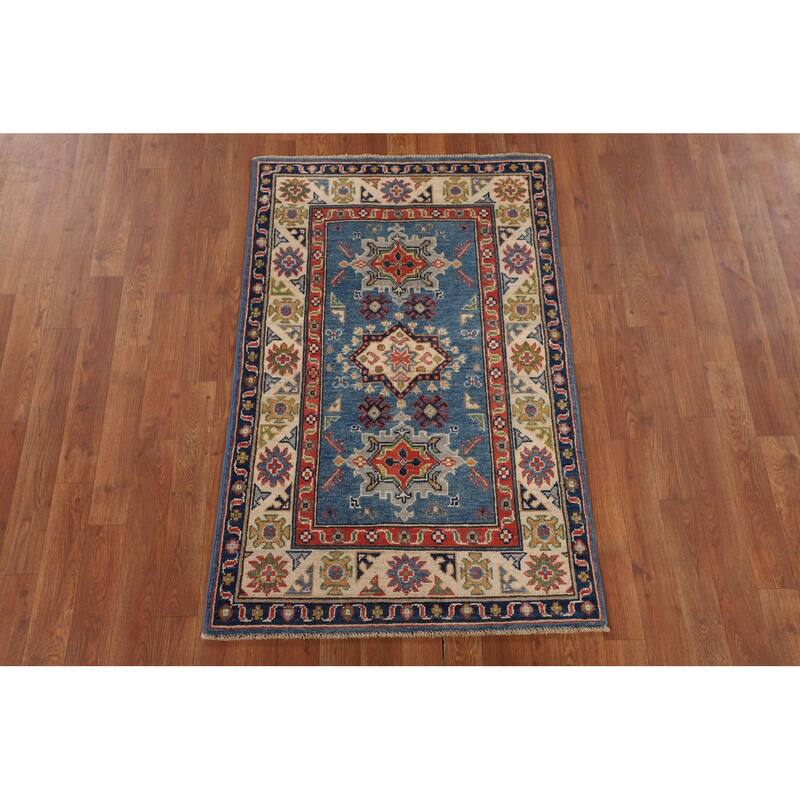 Blue Geometric Kazak Accent Rug Handmade Wool Carpet - 2'8" x 4'3"