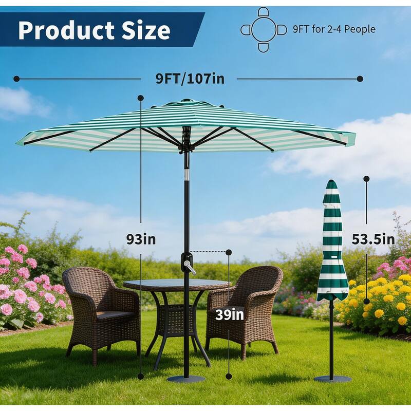 9 ft Patio Umbrella, with Crank Lift & Push Button Tilt, 8 Sturdy Ribs