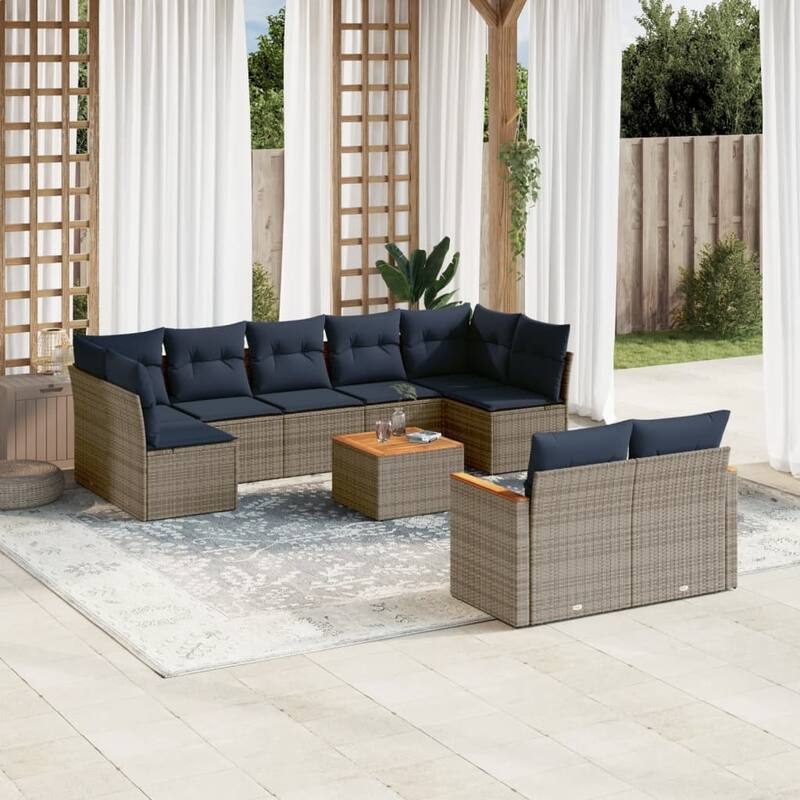 vidaXL 9/10 Piece Patio Sofa Set with Cushions Black/Brown/Gray Poly Rattan - 24.4 x 24.4 x 27.2 - Gray With table