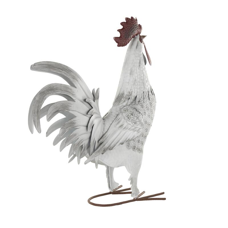 Metal Rooster Decorative Garden Sculpture with Black Texturing and Red Accents - White - Roche River Decor