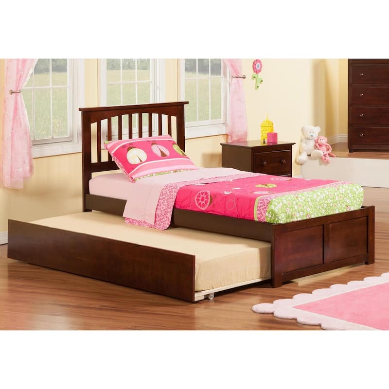Full Platform Bed with Trundle - Twin Size, Urban Chic Design, Walnut Finish, Space Saving Bed Frame