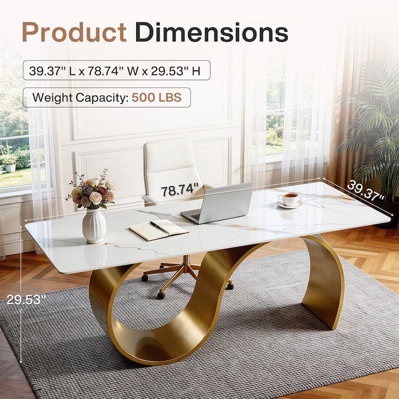 Luxury 78.7" Sintered Stone Office Executive Desk with Stainless Steel Base