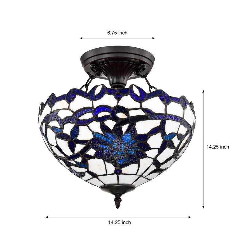 Vayne Blue/White 2-Light Stained Glass Bowl Shade Tiffany-Style Semi-Flush Mount