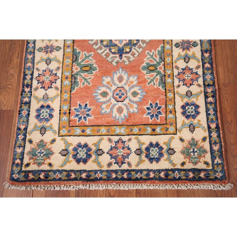 Geometric Kazak Accent Rug Handmade Orange Wool Carpet - 2'0" x 3'0"