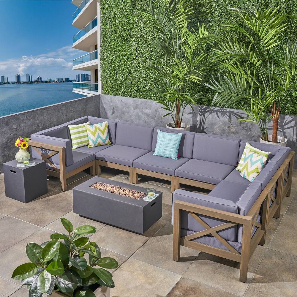 Brava Outdoor Acacia Wood 8 Seater U-Shaped Sectional Sofa Set with Fire Pit by Christopher Knight Home
