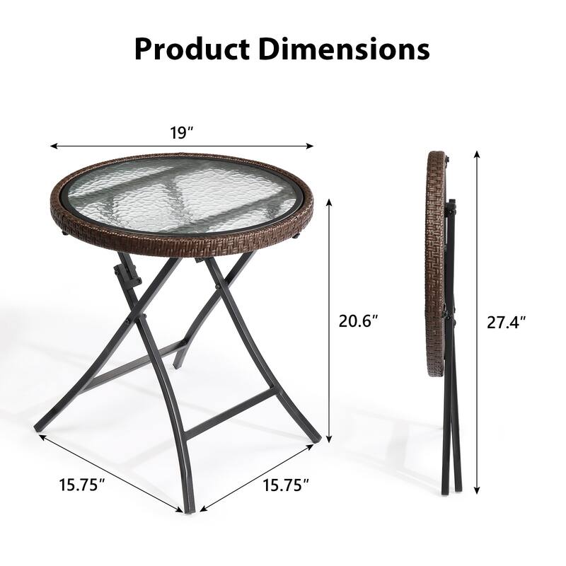 Outdoor Round Side Table with Tempered Glass Top, Foldable Metal Frame, Compact Patio, Balcony - 15.75" x 15.75" x 20.6"