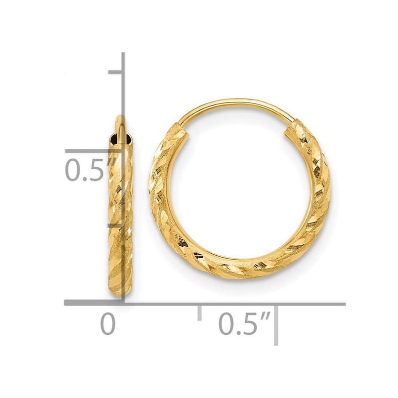 Curata 14k Yellow Gold Polished and Satin and Sparkle Cut Endless Hoop Earrings - 14.7x2mm