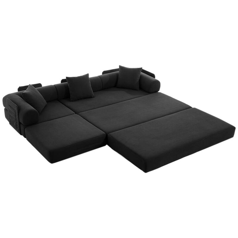 107" L-Shaped 6-in-1 Corduroy Modular Sectional Sofa, Convertible Out Sofa Bed, 4-Seat, Black