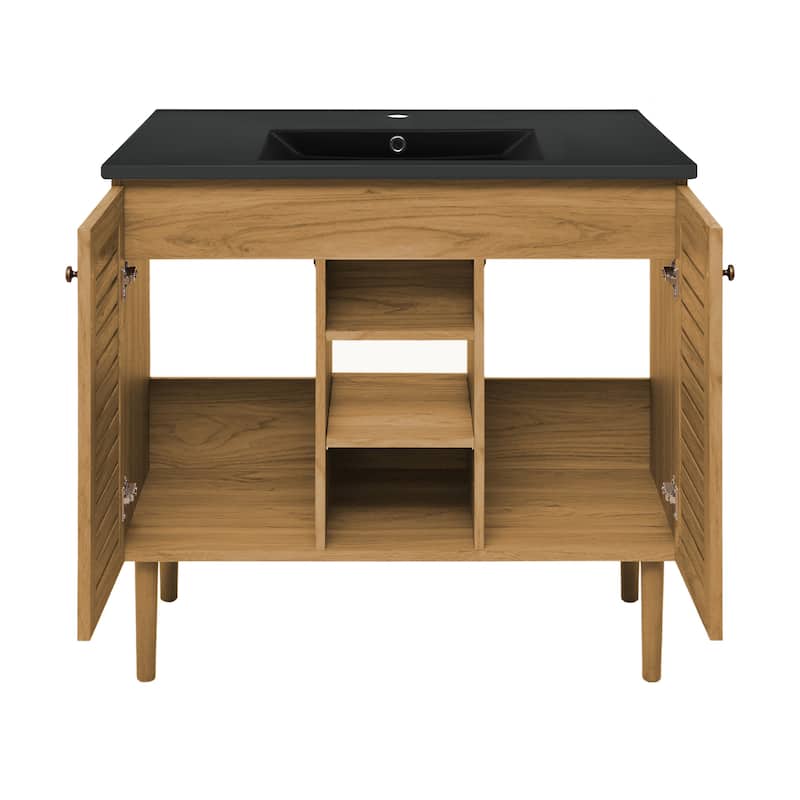 Bron 36 In. Brown Oak Bathroom Vanity With Black Ceramic Sink Top