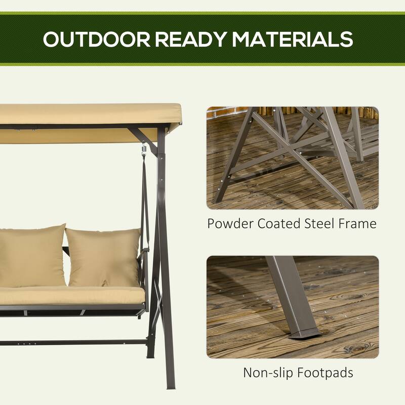 Outsunny 3-Seat Patio Swing Chair, Outdoor Canopy Swing Glider with Cushion with 3 Throw Pillows & Adjustable Shade for Porch