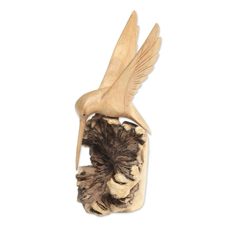 NOVICA Hand-Carved Jempinis Wood Flying Hummingbird Sculpture Hummingbird Joy (Indonesia) - 3.5