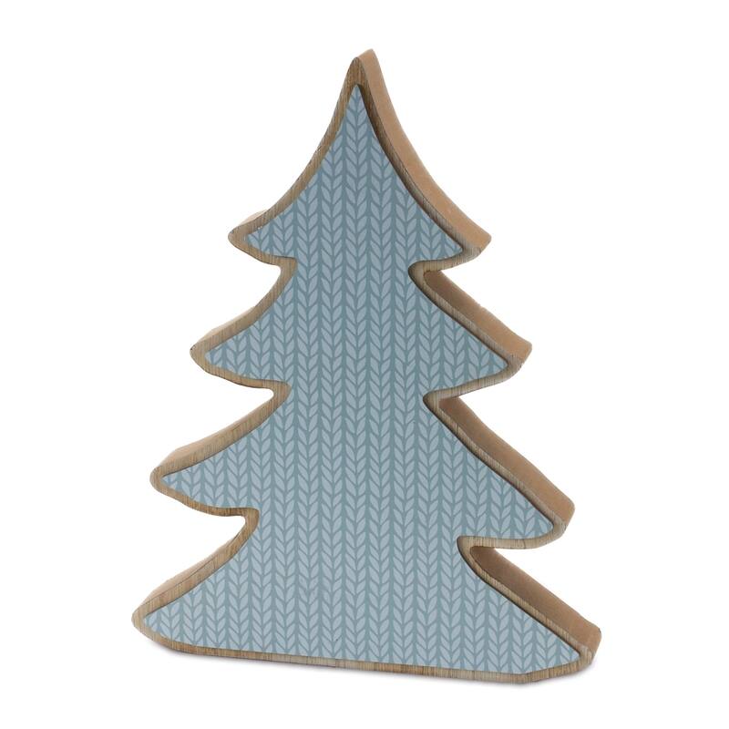 Set of 2 Blue Beige Pine Tree Christmas Tabletop Decorations 11.75"