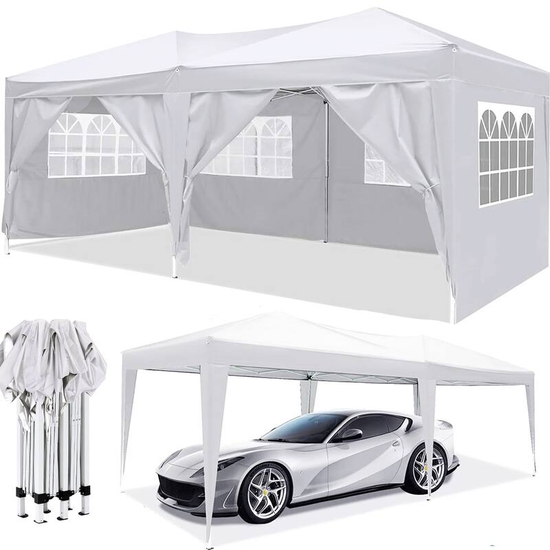 10x20 EZ Pop Up Canopy Outdoor Portable Party Folding Tent with 6 Removable Sidewalls + Carry Bag + 4pcs Weight Bag - White