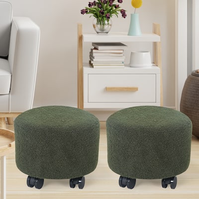 Adeco Set of 2 Round Velvet Foot Stool Ottoman with Casters