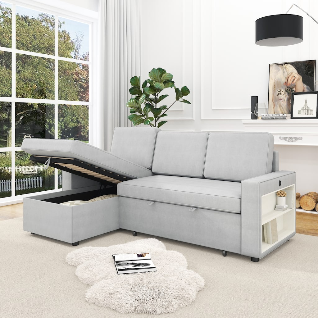 85.8" Pull Out Sleeper Sofa With USB Port And T-pyce Port