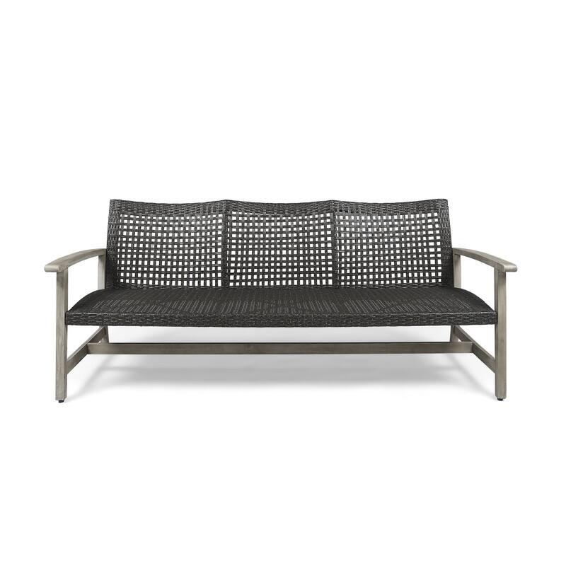 Outdoor Acacia Wood Wicker 3 Seater Sofa, Patio Furniture Conversation Set for Backyard