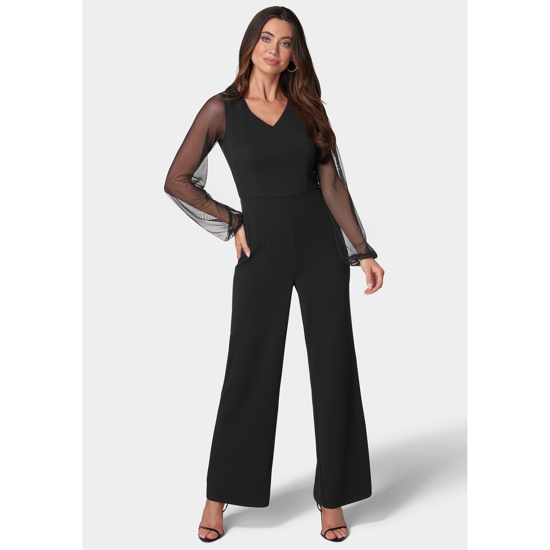 Bebe Women's V-Neck Jumpsuit with Powermesh Sleeve