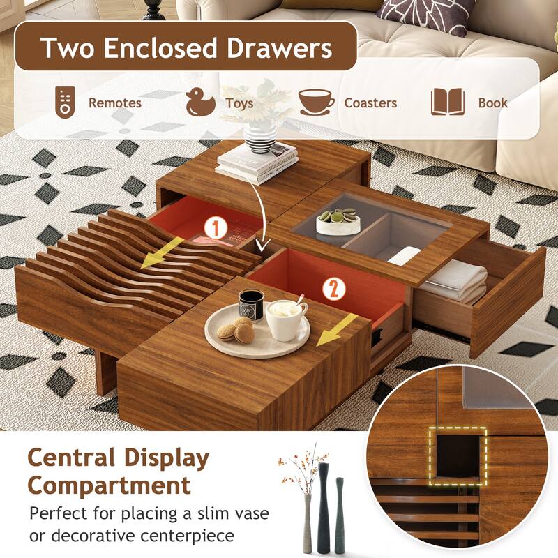 33'' Mid-Century Modern Square Coffee Table with 3 Drawers, Tempered Glass Top, Solid Wood Legs for Living Room