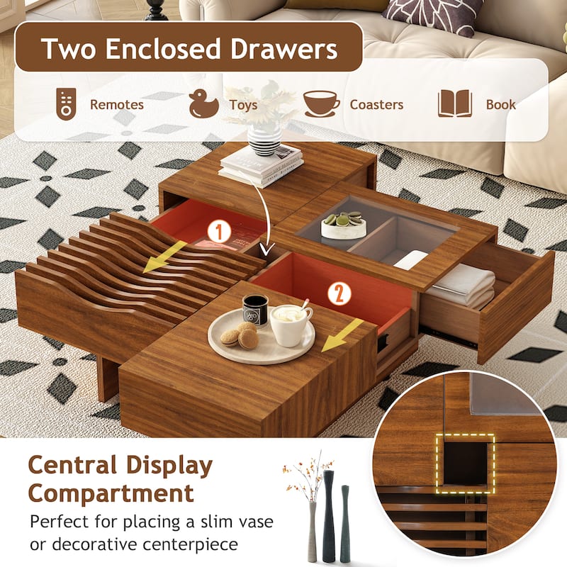 Roomfitters Square Mid-Century Coffee Table with Glass Top and 3 Storage Compartments, Solid Wood Legs