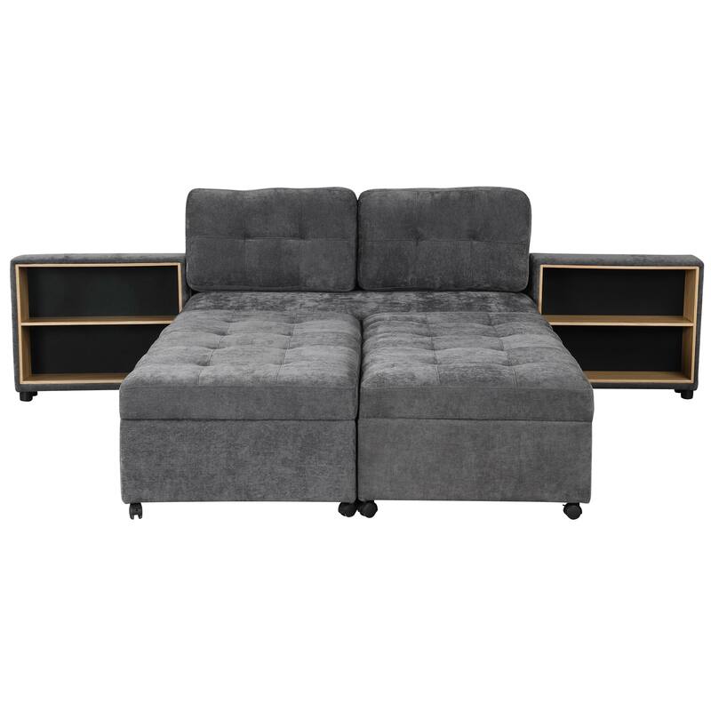 121.2" Modular Sofa Bed w/ 2 Storage Racks, Dark Gray, Chenille Upholstery